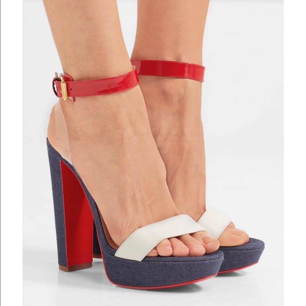 CHRISTIAN LOUBOUTIN Cherry pvc, patent and smooth leather-trimmed denim …